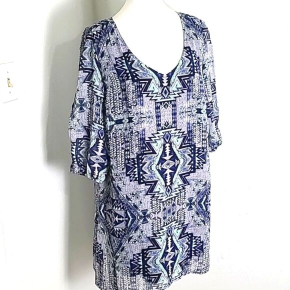 BeBop Blue & Purple Aztec Print Mini-Dress, Sheer with Lining, Size Large - Picture 2 of 12